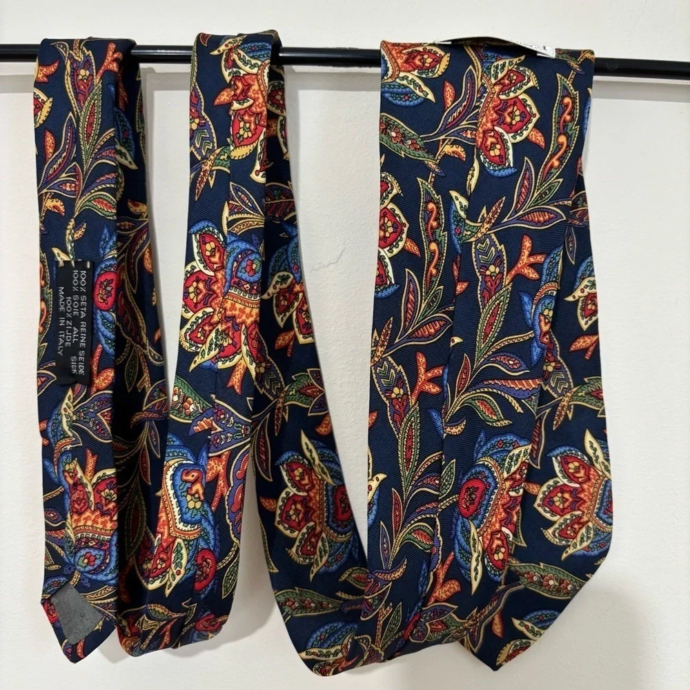 Emilio Sandrini Kreymborg Vintage Navy Orange 100% silk paisley brocade Neck Tie